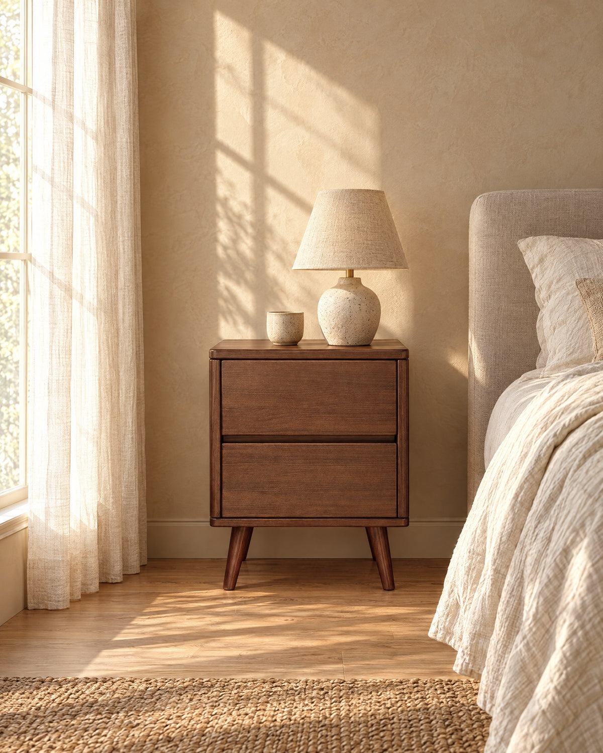 Walnut bedside table with a ceramic lamp in morning light
