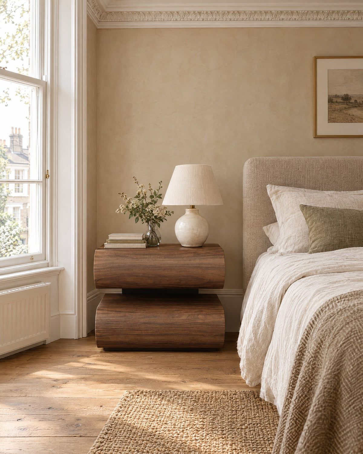 Walnut stacked bedside table beside a linen bed in a British bedroom with a sash window