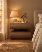 Walnut bedside table with two curved stacked drawers, a lamp switched on and an open book in the evening