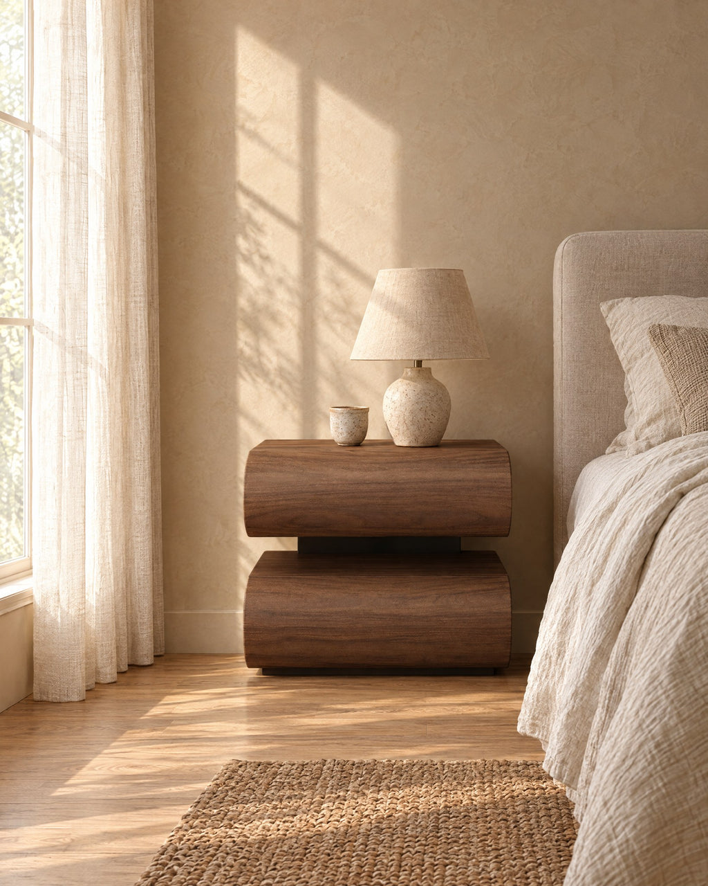 Walnut bedside table with curved drawers and a ceramic lamp in morning light