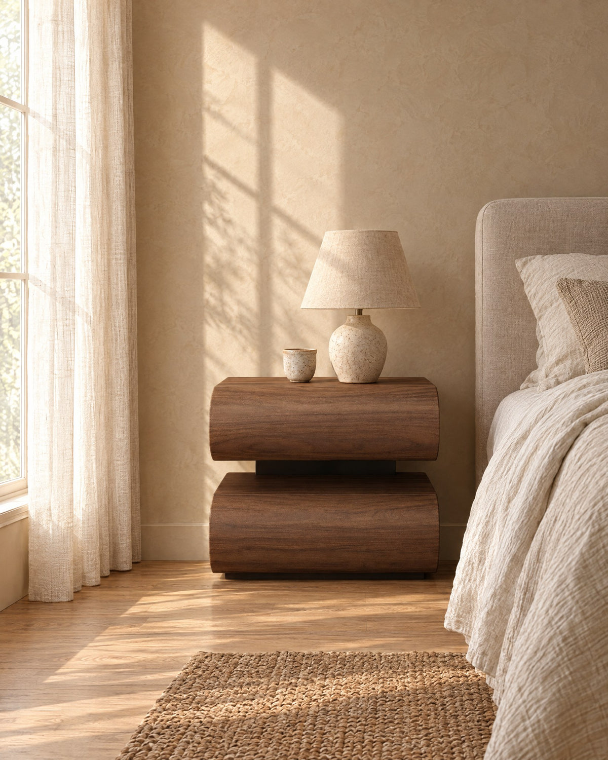 Walnut bedside table with curved drawers and a ceramic lamp in morning light