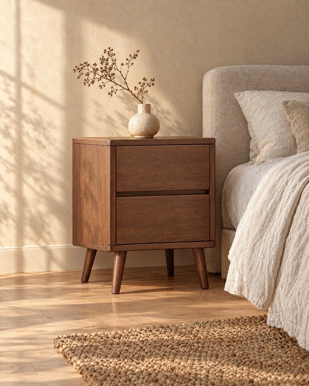 Three-quarter view of the walnut bedside table showing the tapered legs