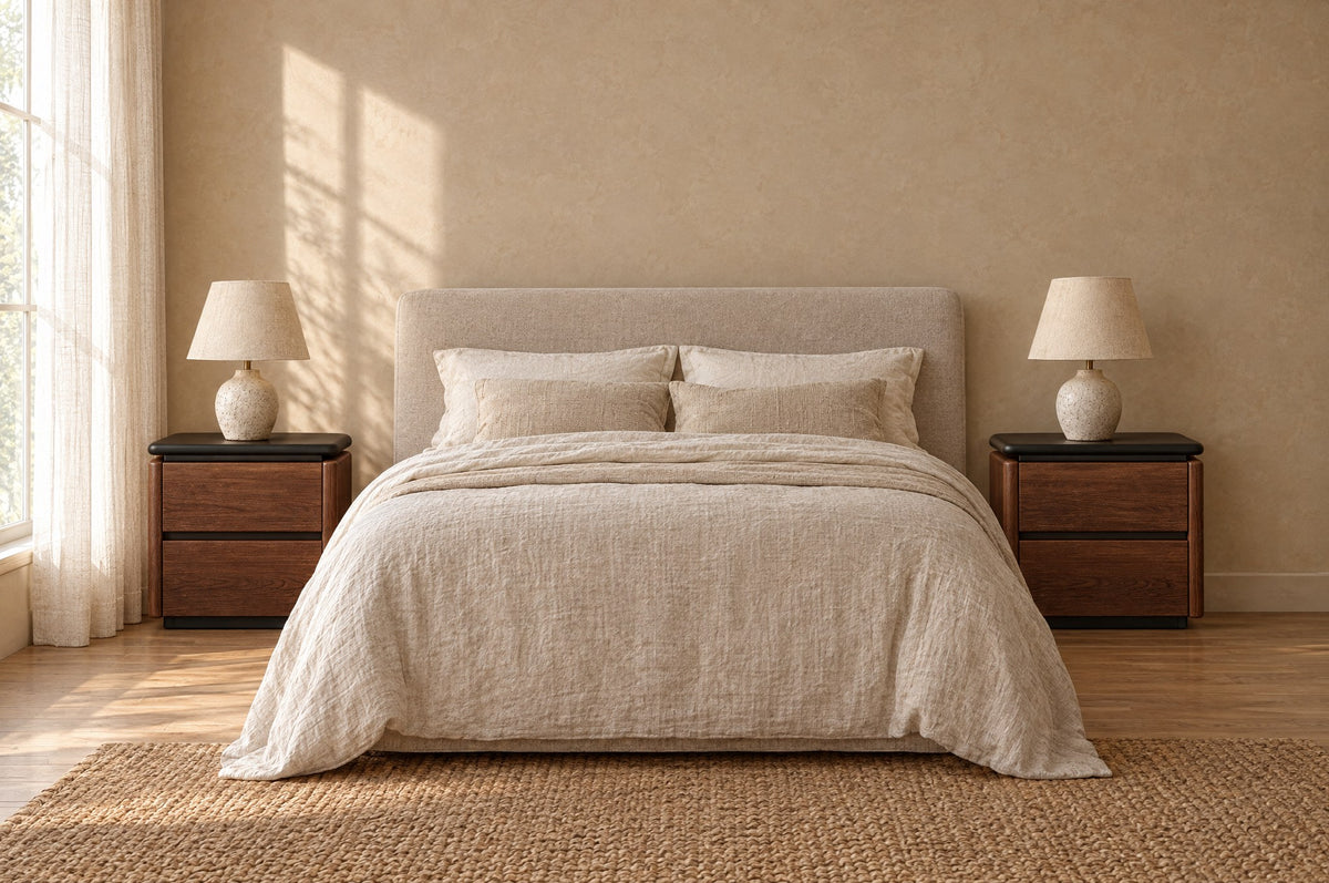 Pair of walnut bedside tables with black tops on each side of a double bed