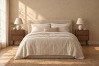 Pair of walnut bedside tables on each side of a double bed