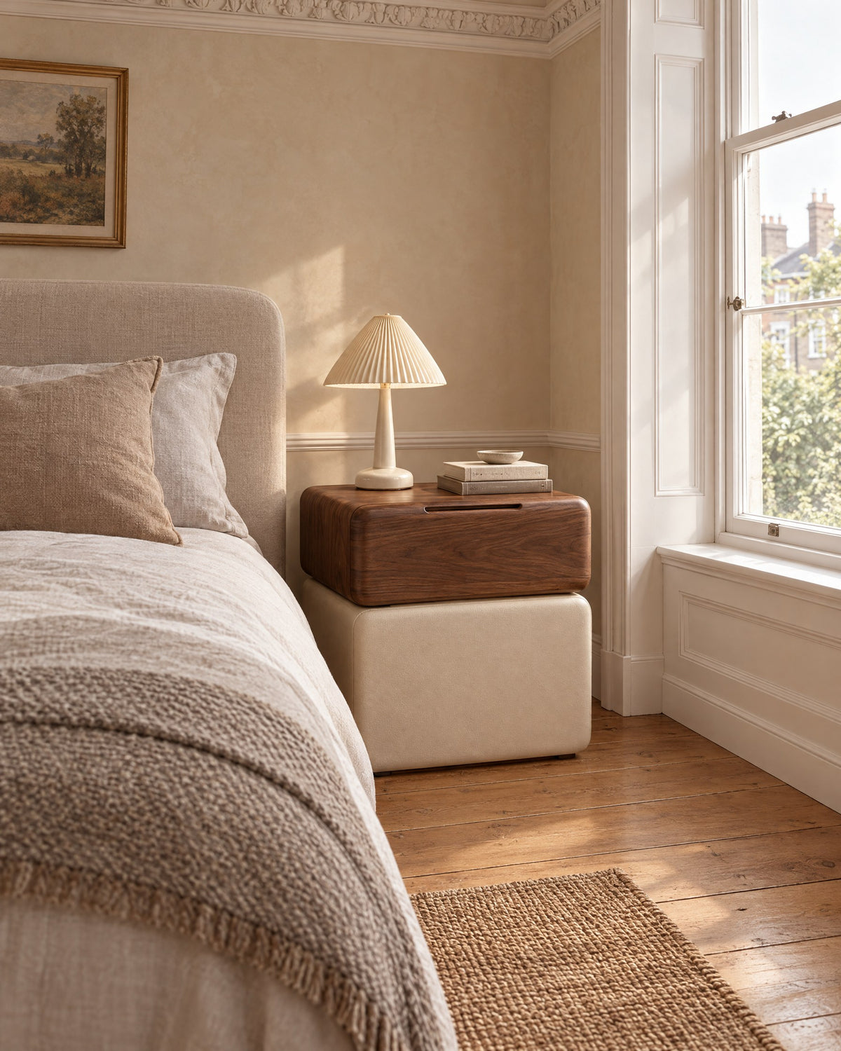 Walnut and cream bedside table beside a linen bed in a British bedroom with a sash window