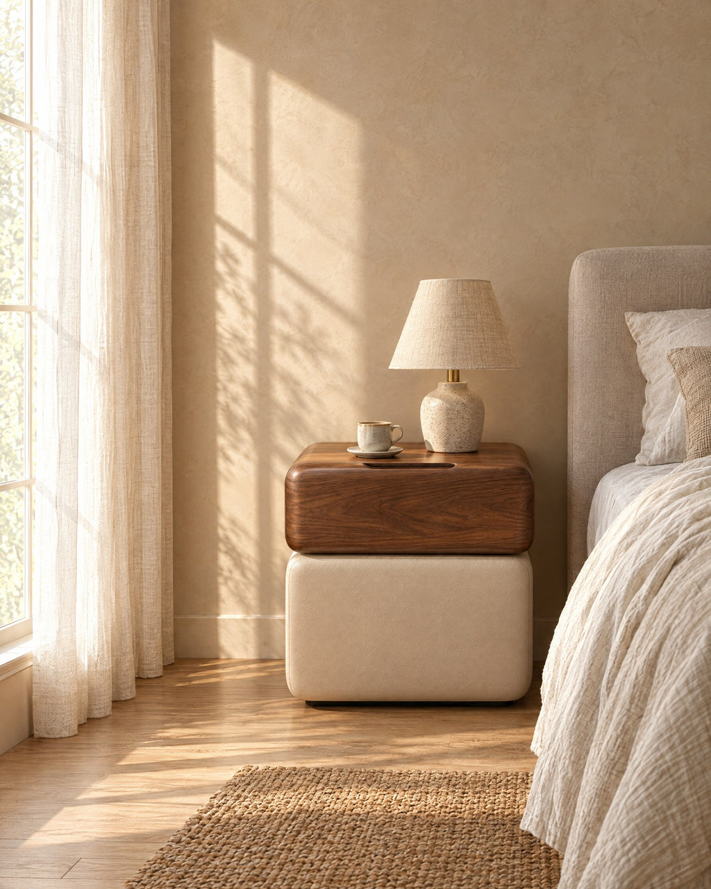 Rounded walnut drawer on a cream upholstered base in morning light