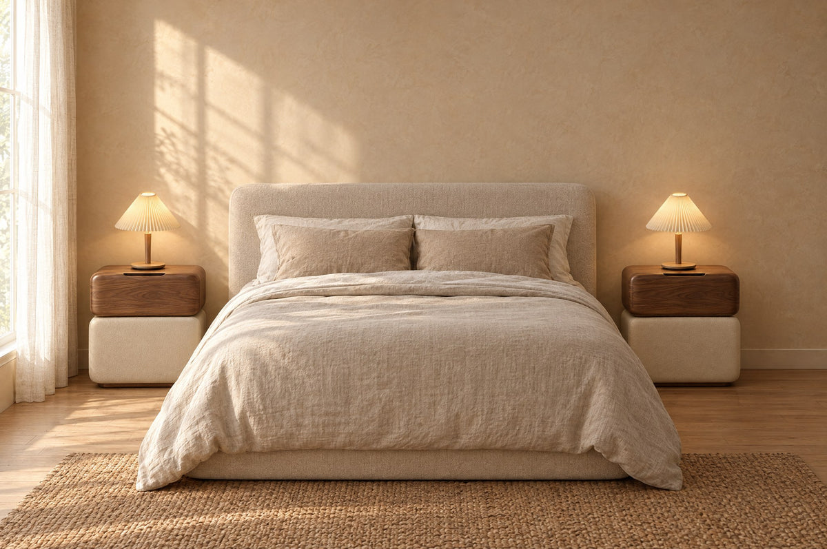 Pair of walnut and cream bedside tables on each side of a low double bed