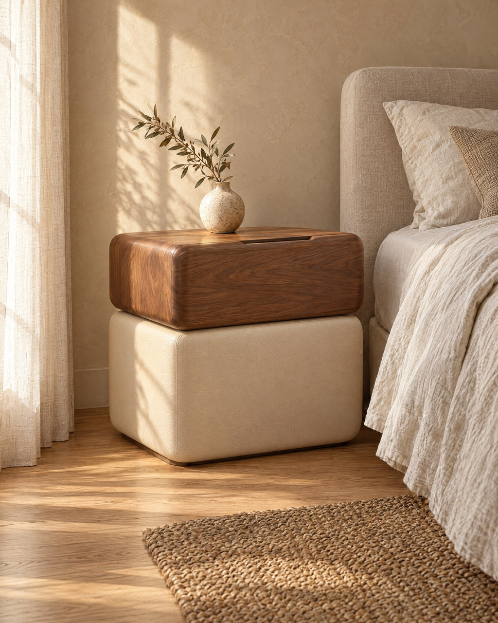 Three-quarter view of the walnut and cream bedside table showing the recessed plinth