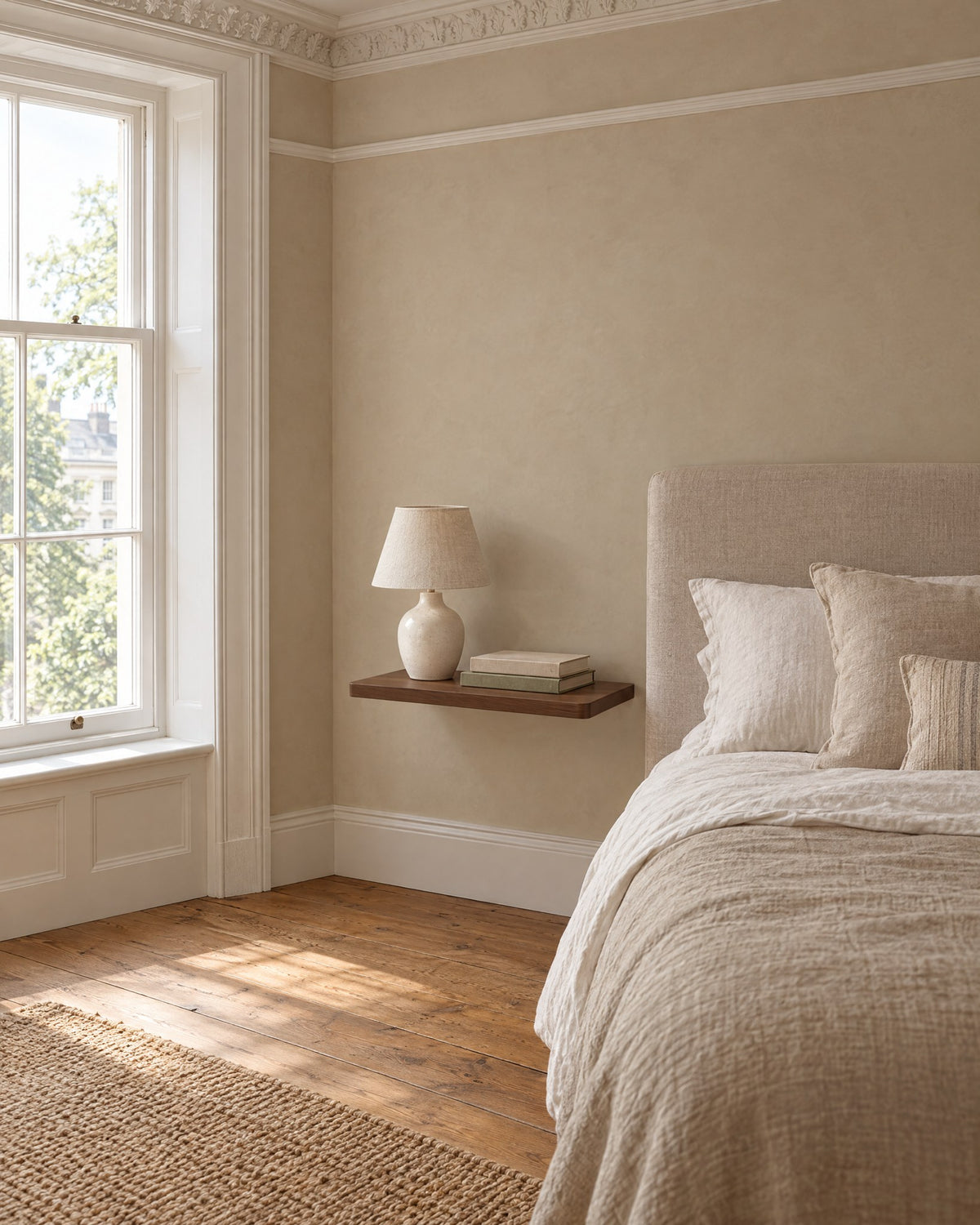 Walnut floating bedside shelf beside a linen bed in a bright British bedroom with a sash window