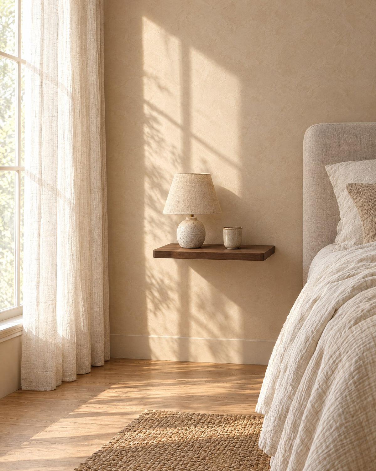Walnut floating bedside shelf in warm morning light with window shadows on the wall