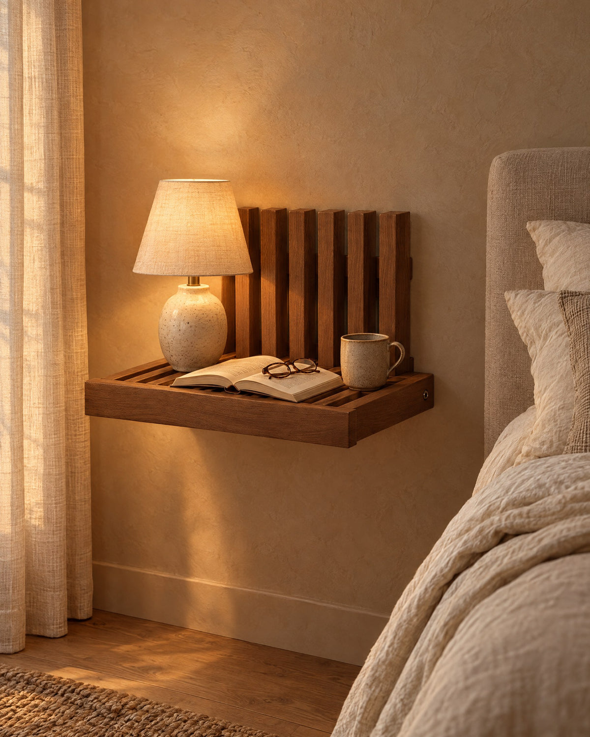 Walnut fold-down wall bedside shelf with a lamp switched on and an open book in the evening