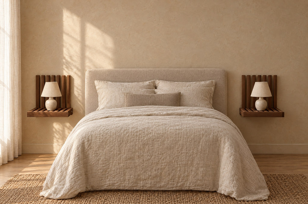 Pair of walnut fold-down wall bedside shelves on each side of a double bed
