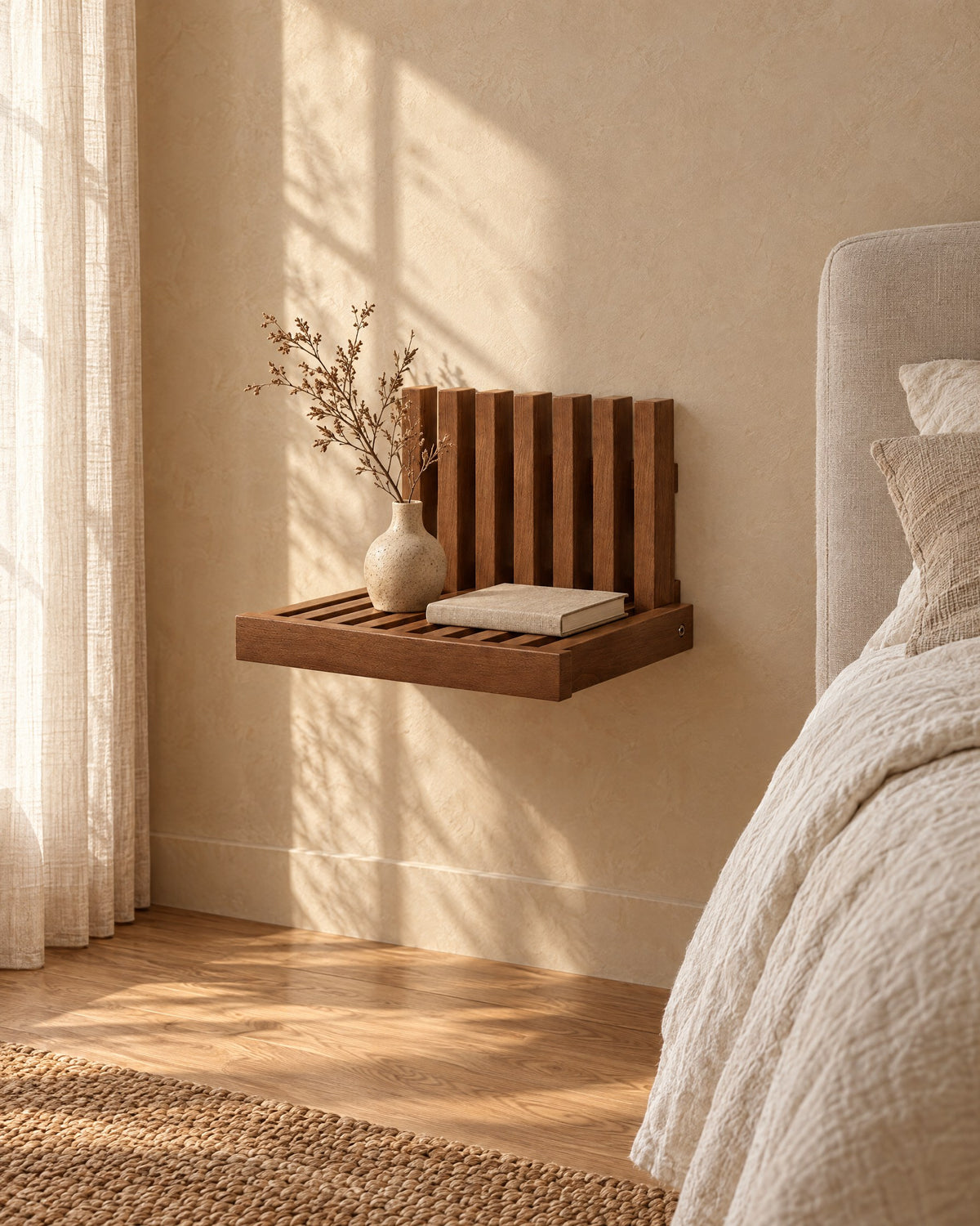 Three-quarter view of the walnut fold-down wall bedside shelf fixed to the wall above a clear floor