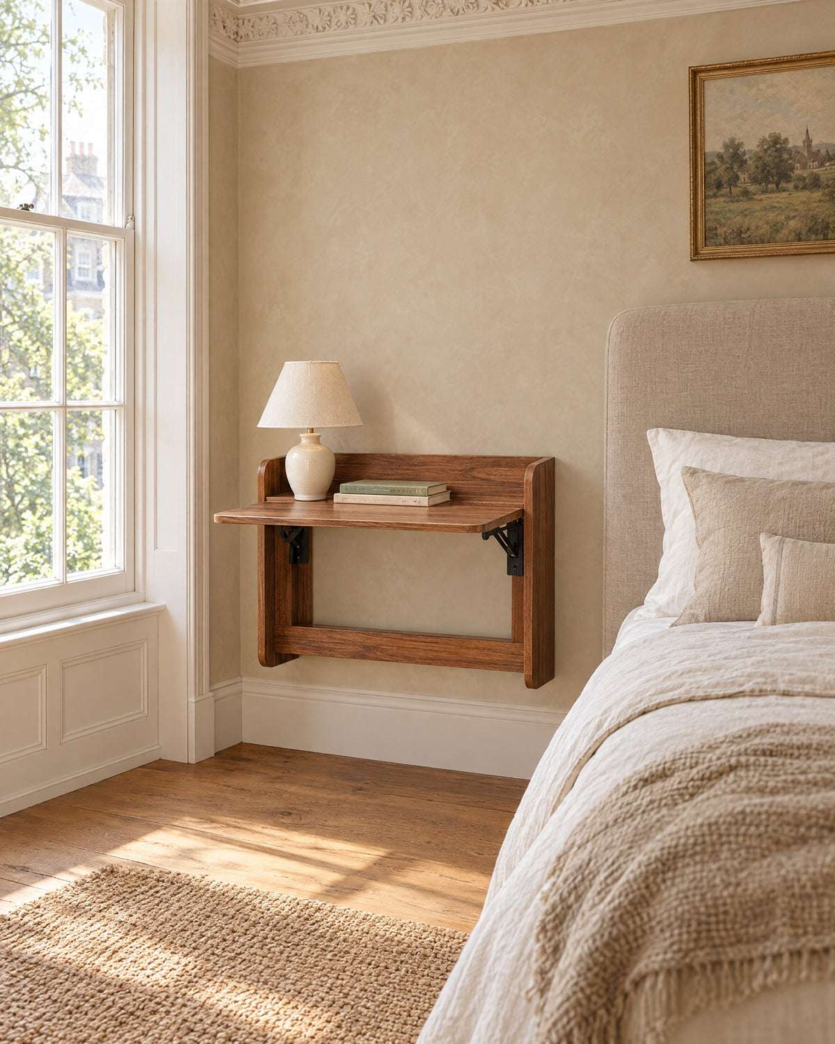 Walnut-tone fold-down wall-mounted bedside cabinet beside a linen bed in a bright British bedroom with a sash window