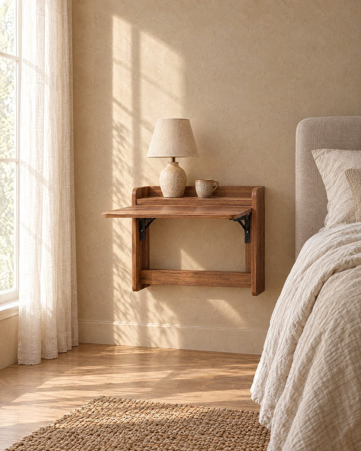 Walnut-tone fold-down wall-mounted bedside cabinet in warm morning light with window shadows on the wall