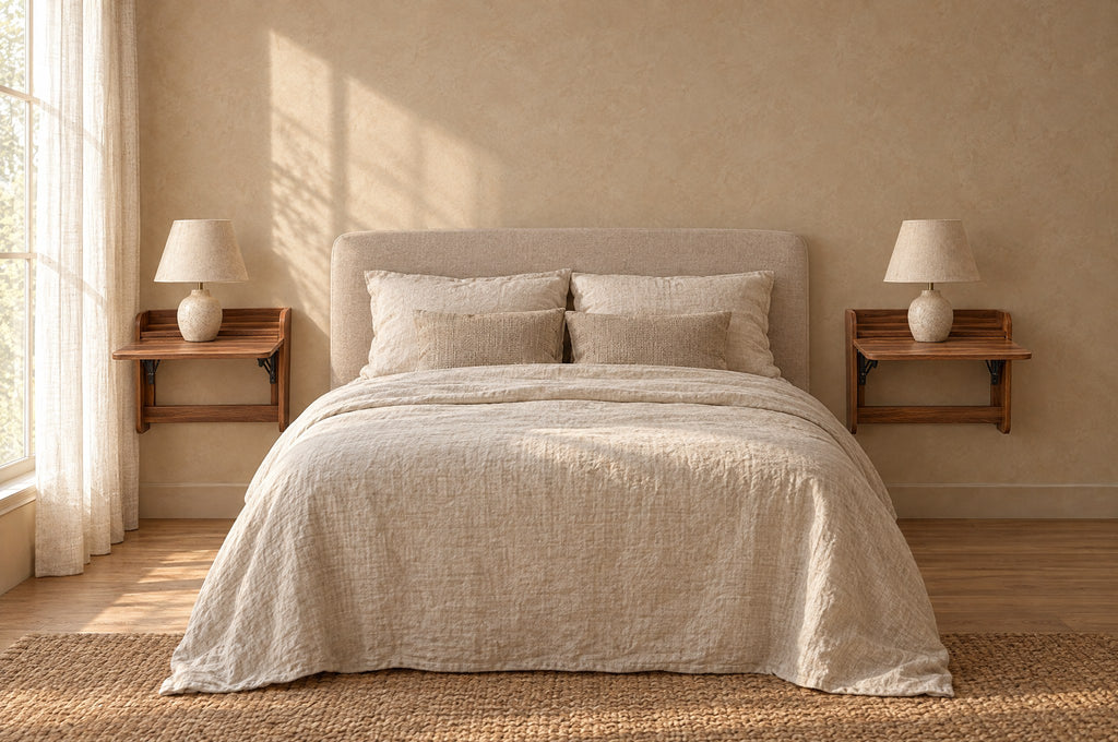 Pair of walnut-tone fold-down wall-mounted bedside cabinets fixed on each side of a double bed