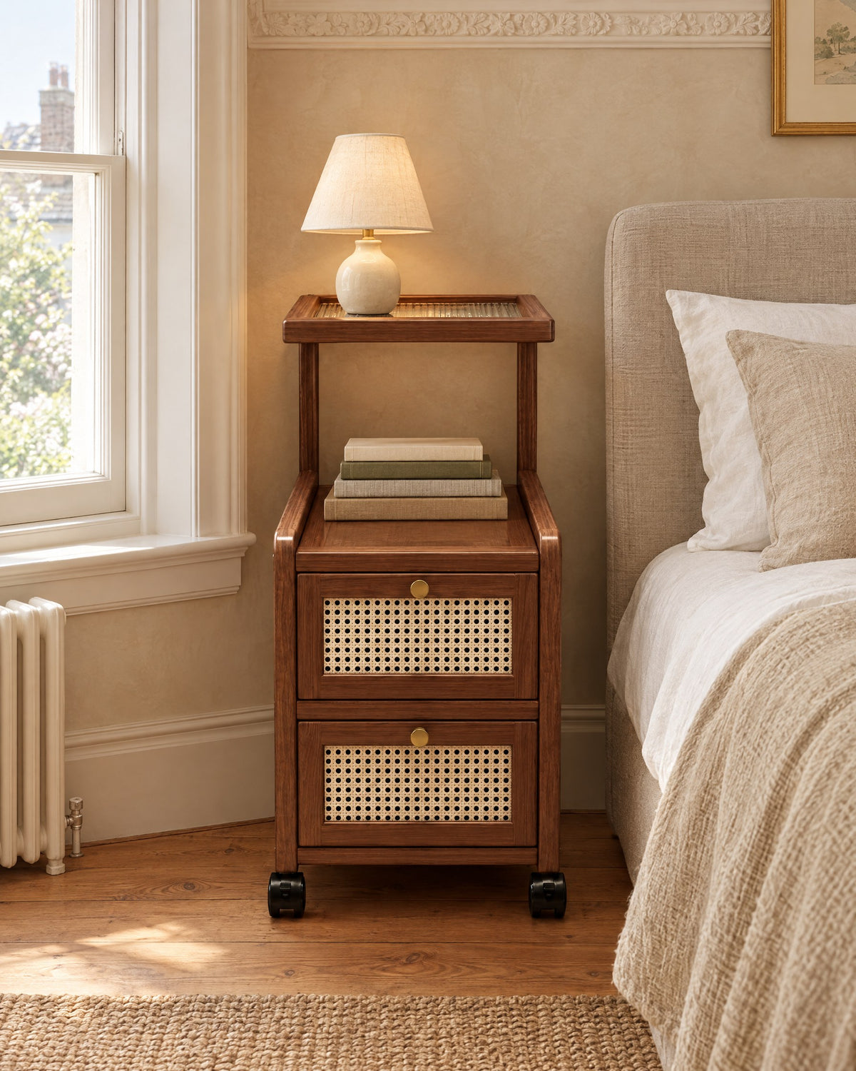 Walnut rattan bedside table on wheels in a British bedroom with a sash window