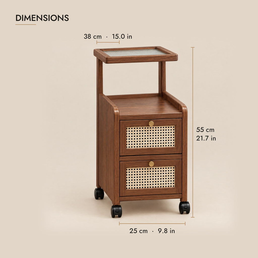 Walnut rattan bedside table dimensions: 25 cm wide, 38 cm deep, 55 cm high