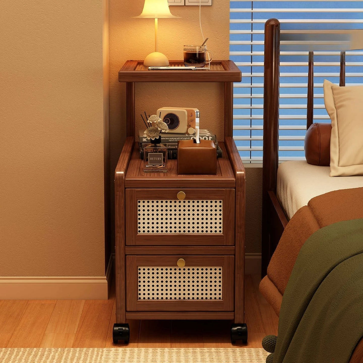 Front view of the walnut rattan bedside table with two cane drawers and a raised tray