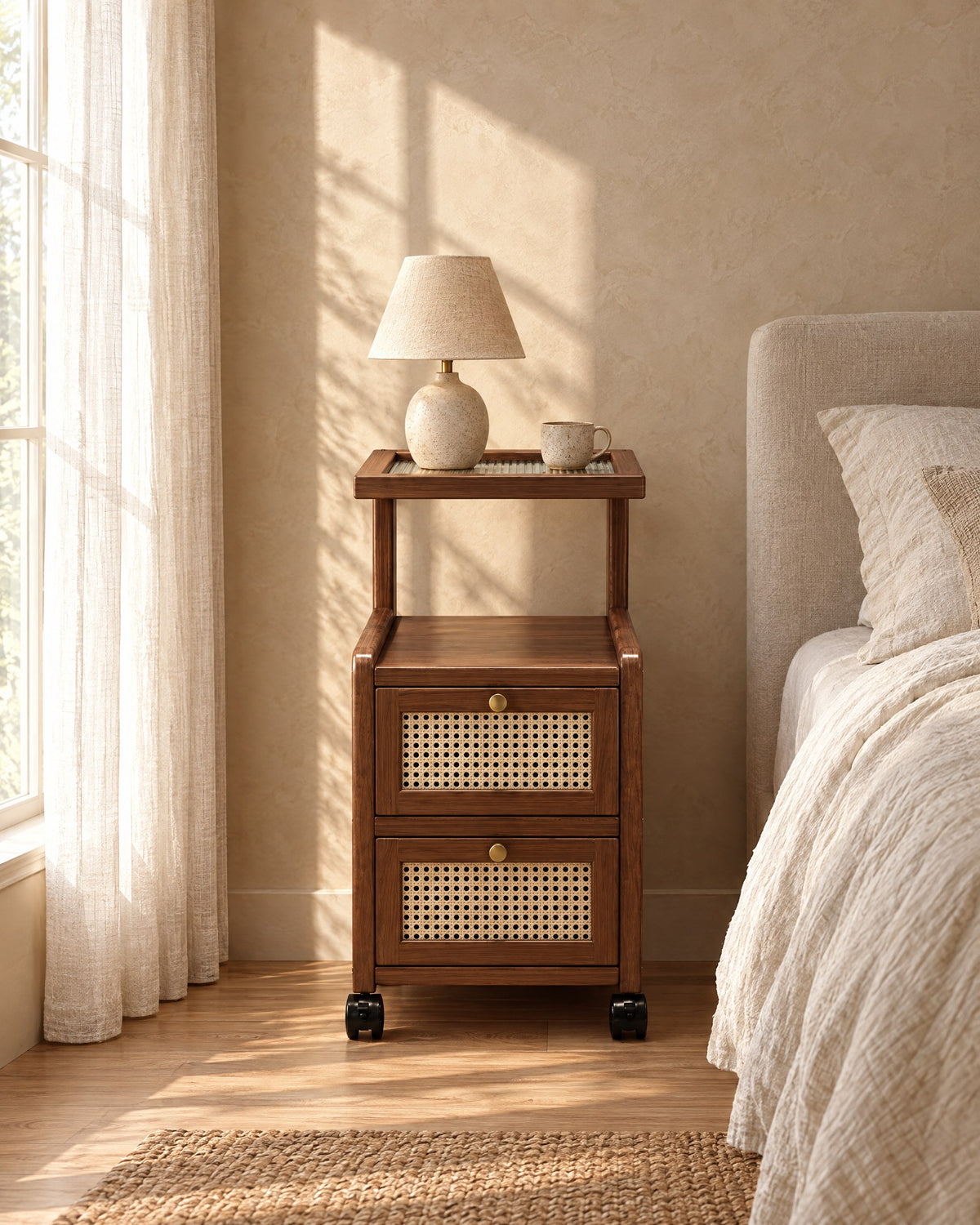 Walnut rattan bedside table with a raised glass tray in morning light