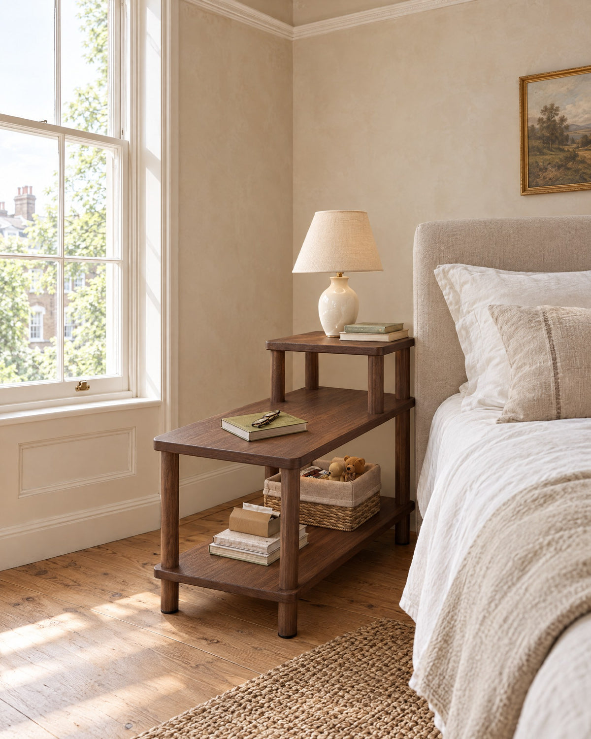 Walnut three-tier step bedside table beside a linen bed in a British bedroom with a sash window