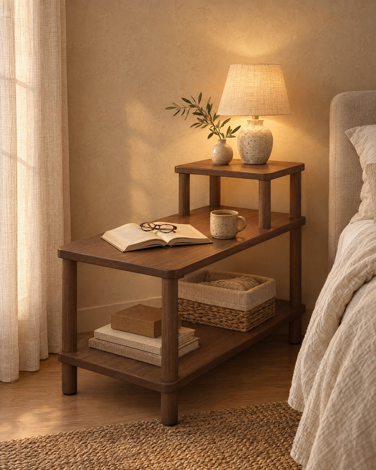 Walnut step bedside table with three open tiers, lamp switched on and an open book in the evening