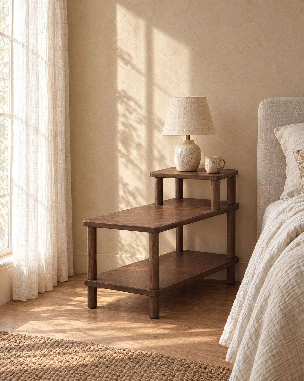 Walnut step bedside table with a raised shelf and a ceramic lamp in morning light