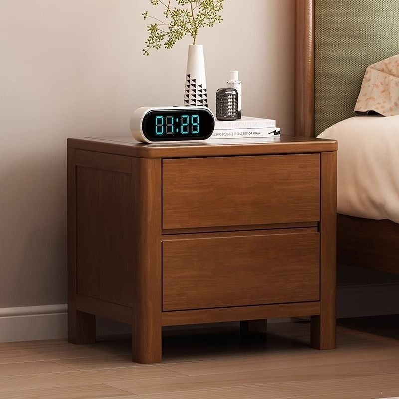 Walnut-tone wooden bedside table with 2 drawers, supplier product photo