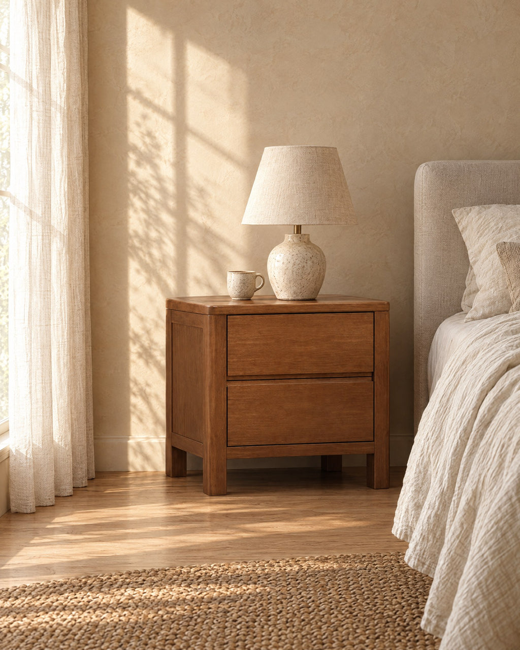 Walnut-tone wooden bedside table with 2 drawers in warm morning light with window shadows on the wall