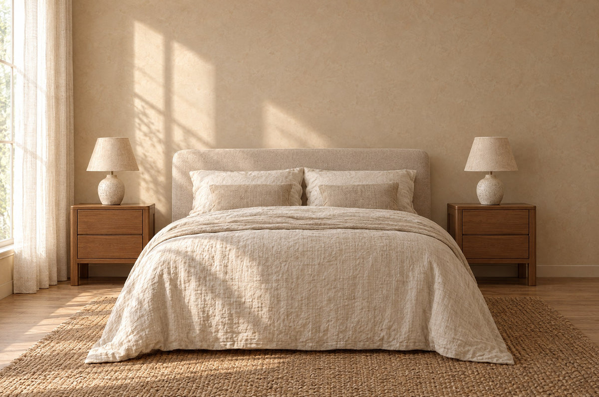 Pair of walnut-tone wooden bedside tabless with 2 drawers on each side of a double bed