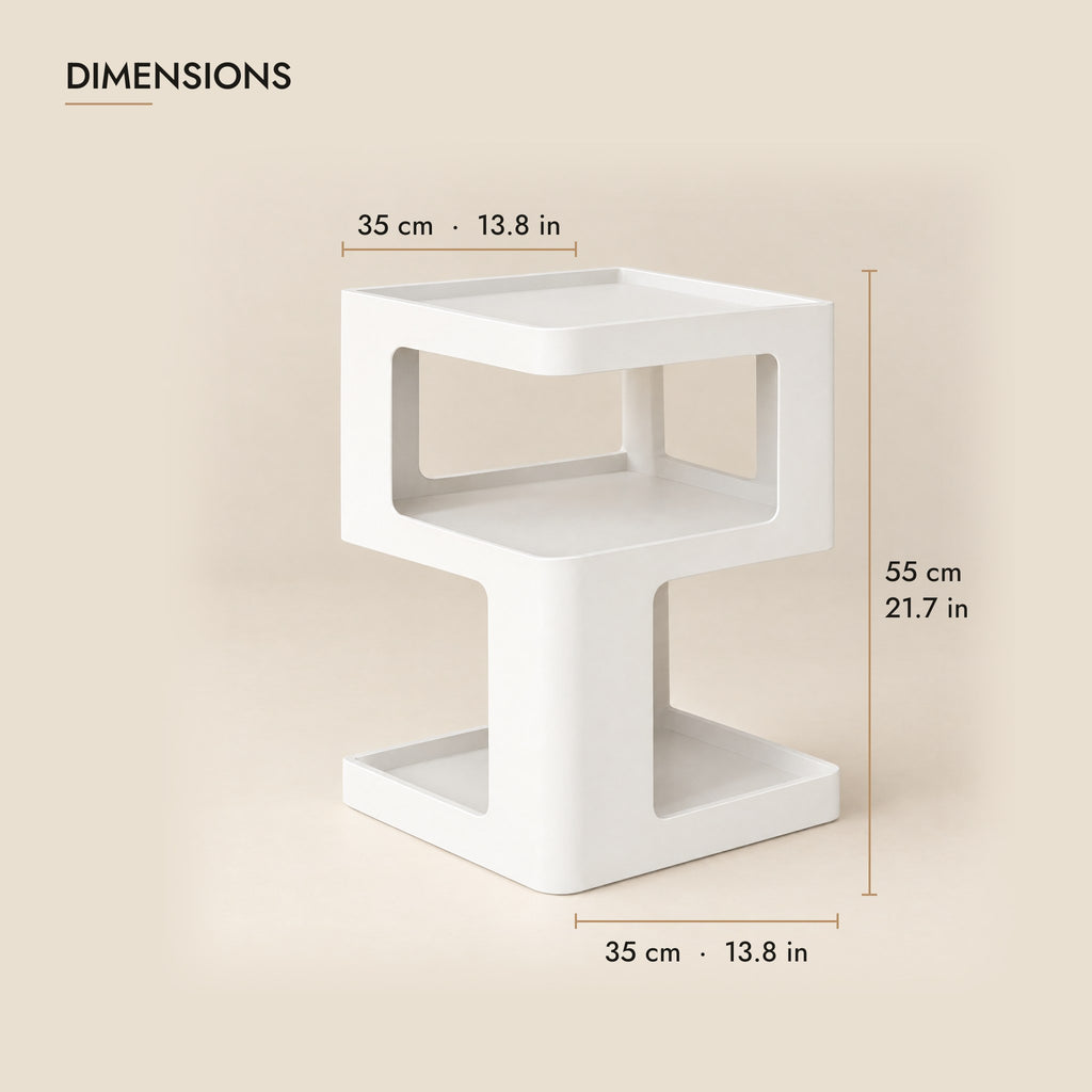 White bedside table dimensions: 35 cm wide, 35 cm deep, 55 cm high