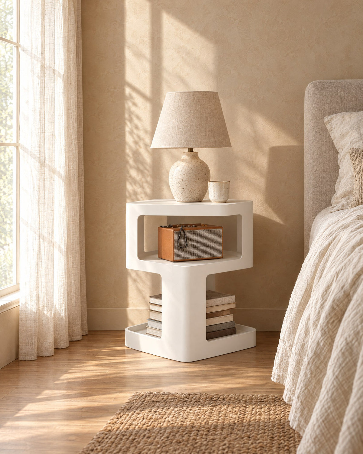 White sculpted bedside table with a ceramic lamp in morning light