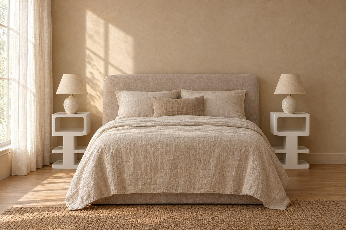 Pair of white open-tier bedside tables on each side of a double bed