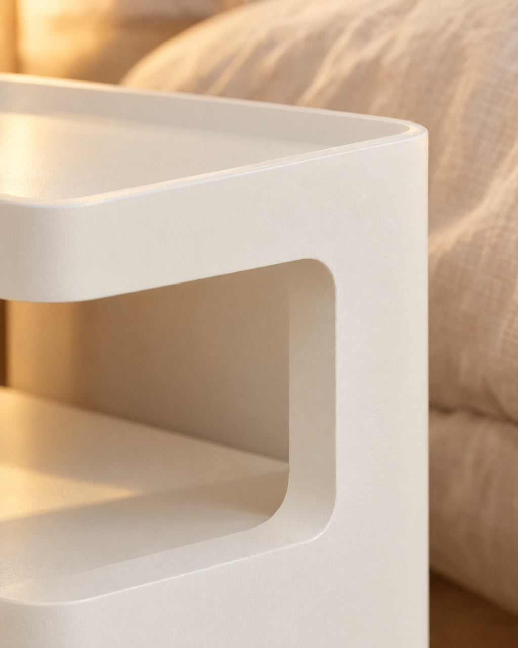 Close-up of the raised rim and rounded opening of the white bedside table