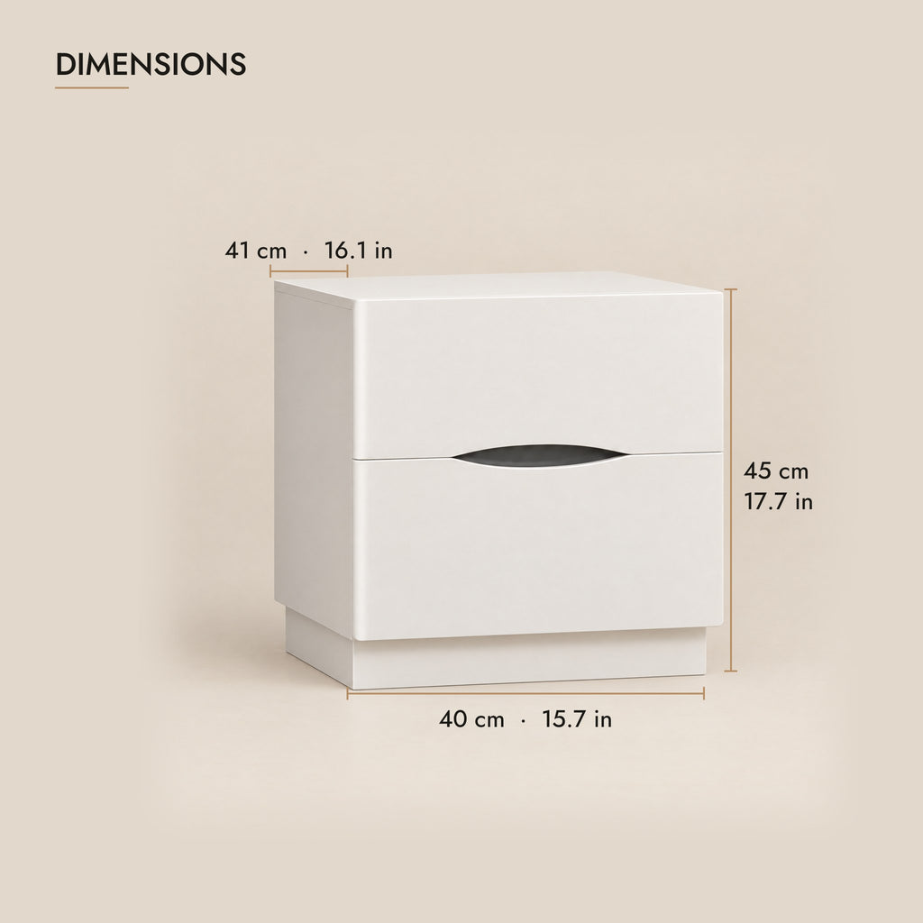 White bedside table with a curved finger pull dimensions: 40 x 41 x 45 cm (W x D x H)