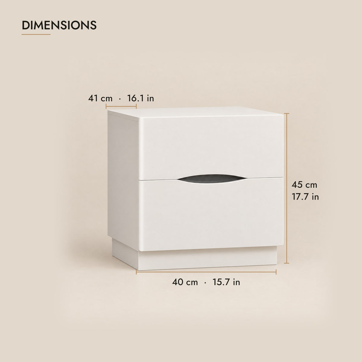 White bedside table with a curved finger pull dimensions: 40 x 41 x 45 cm (W x D x H)