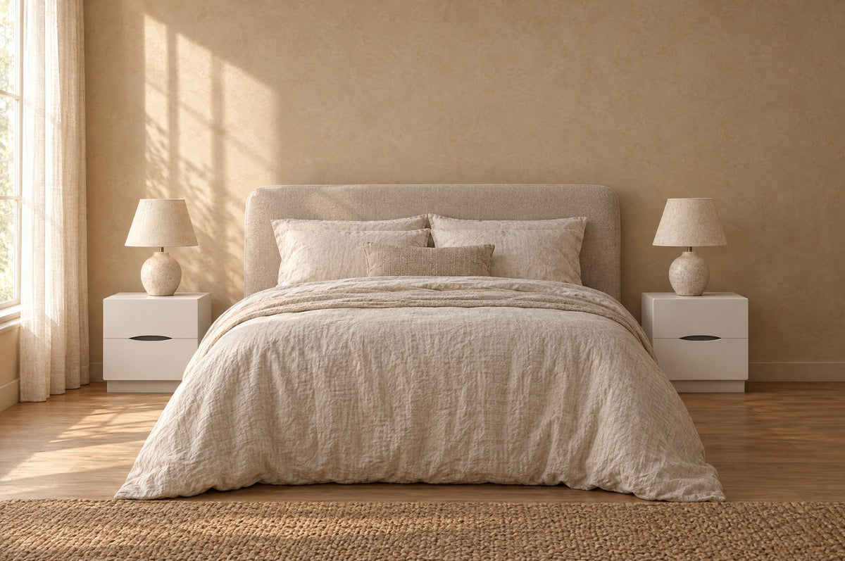 Pair of white bedside table with a curved finger pulls either side of a double bed