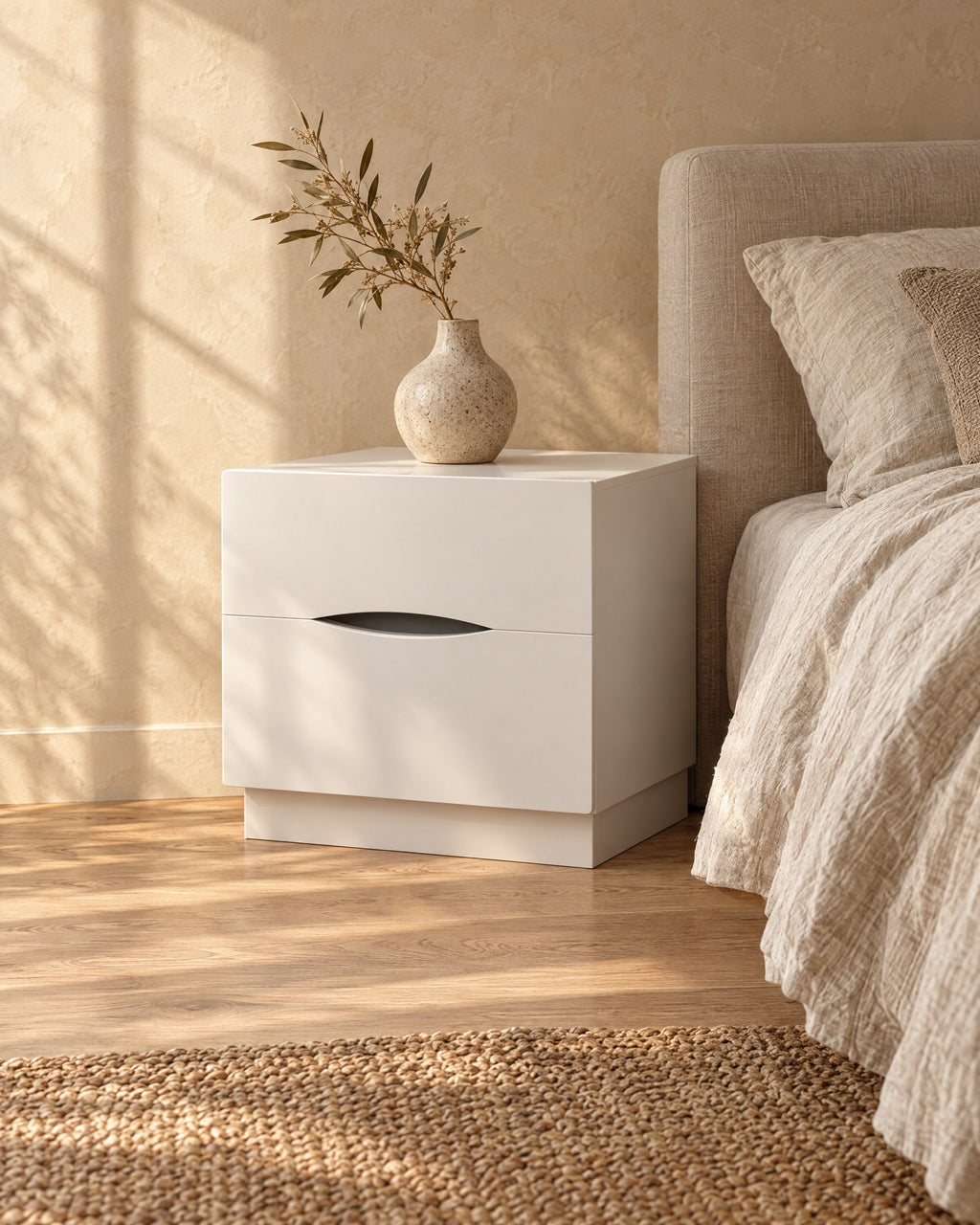 Three-quarter view of the white bedside table with a curved finger pull