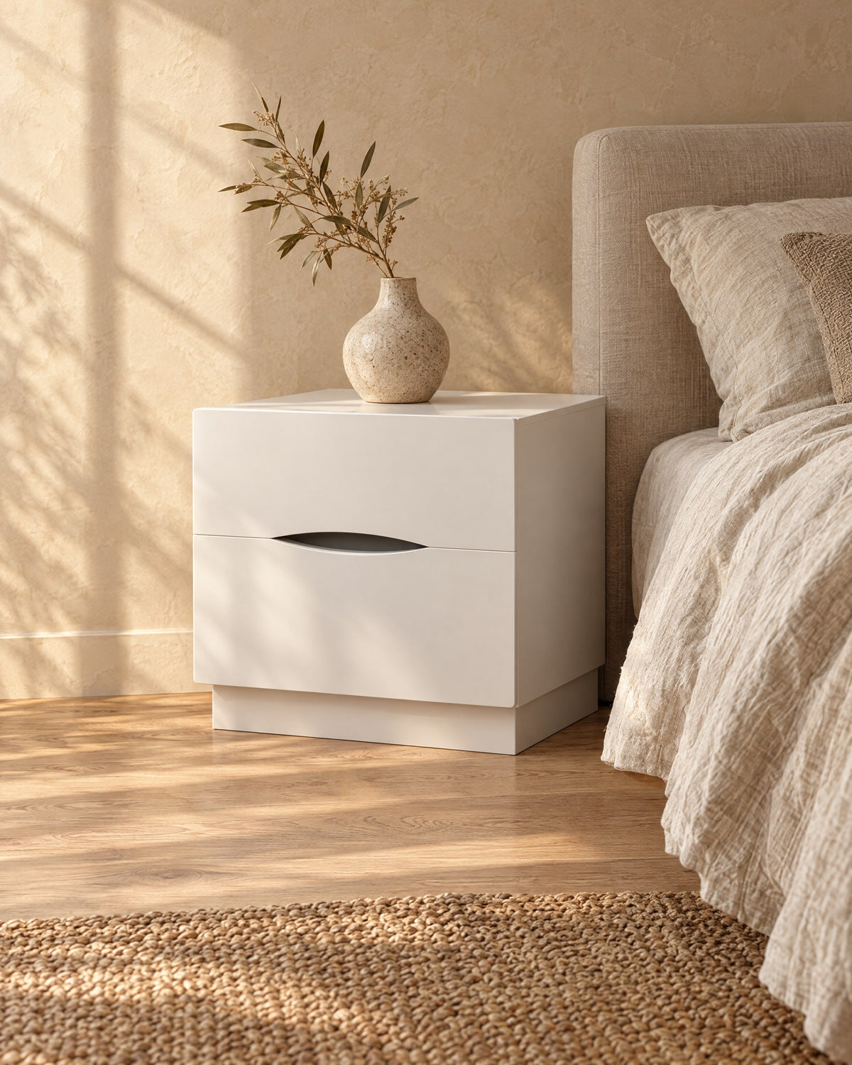 Three-quarter view of the white bedside table with a curved finger pull