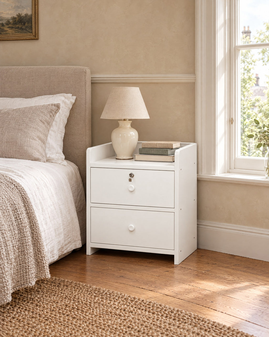 White bedside table with a lockable drawer beside a linen bed in a British bedroom with a sash window