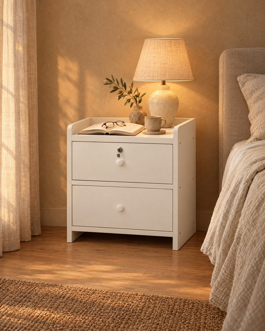 White bedside table with two drawers, a lamp switched on and an open book in the evening