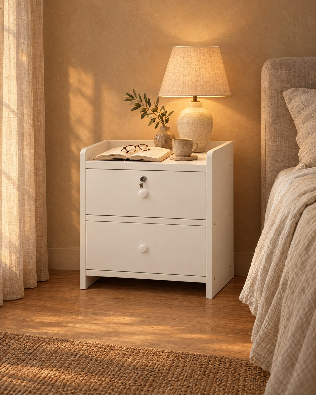 White bedside table with two drawers, a lamp switched on and an open book in the evening