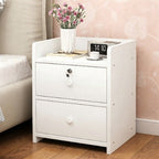 Front view of the white bedside table with two drawers and a key lock