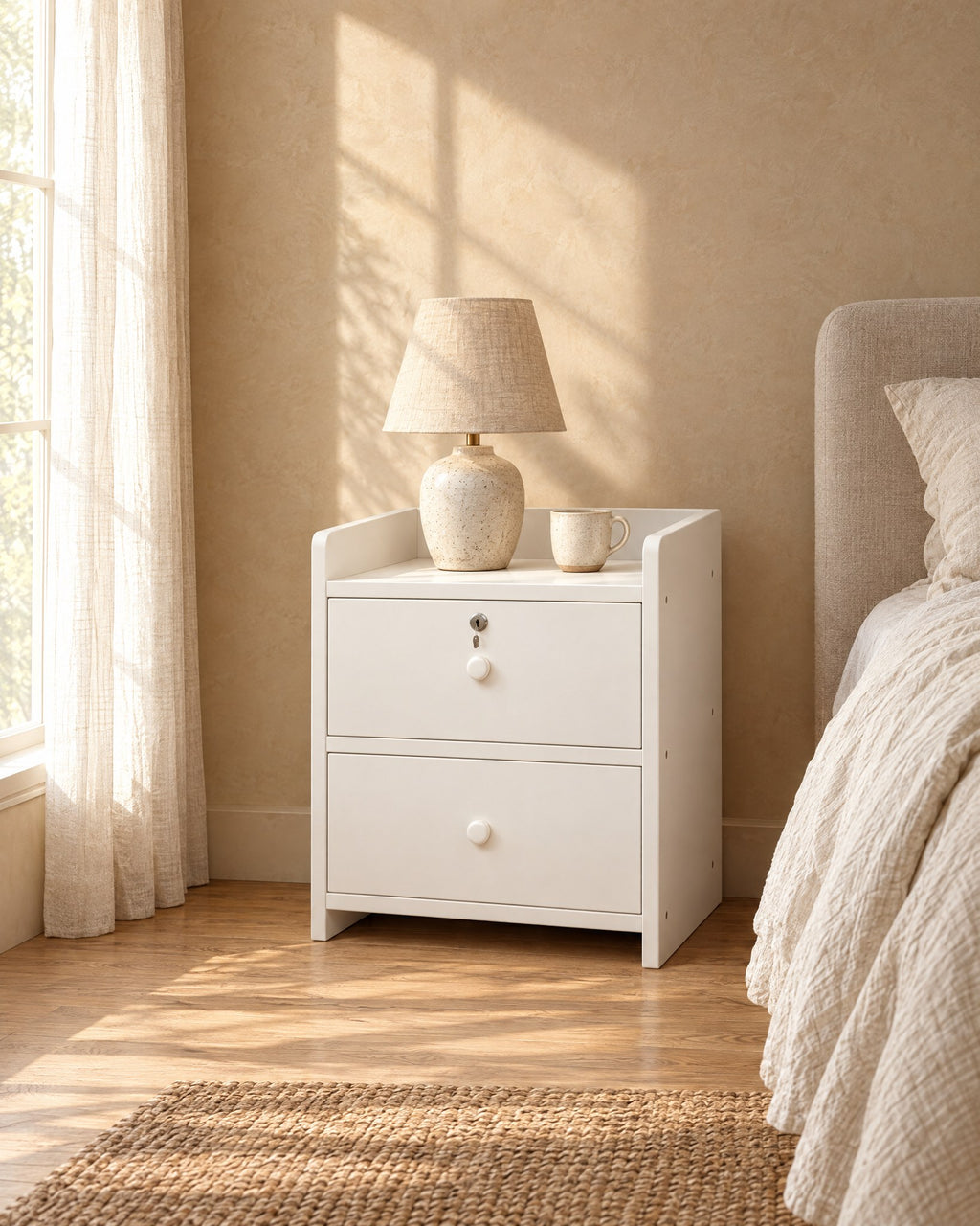 White two-drawer bedside table with a ceramic lamp in morning light