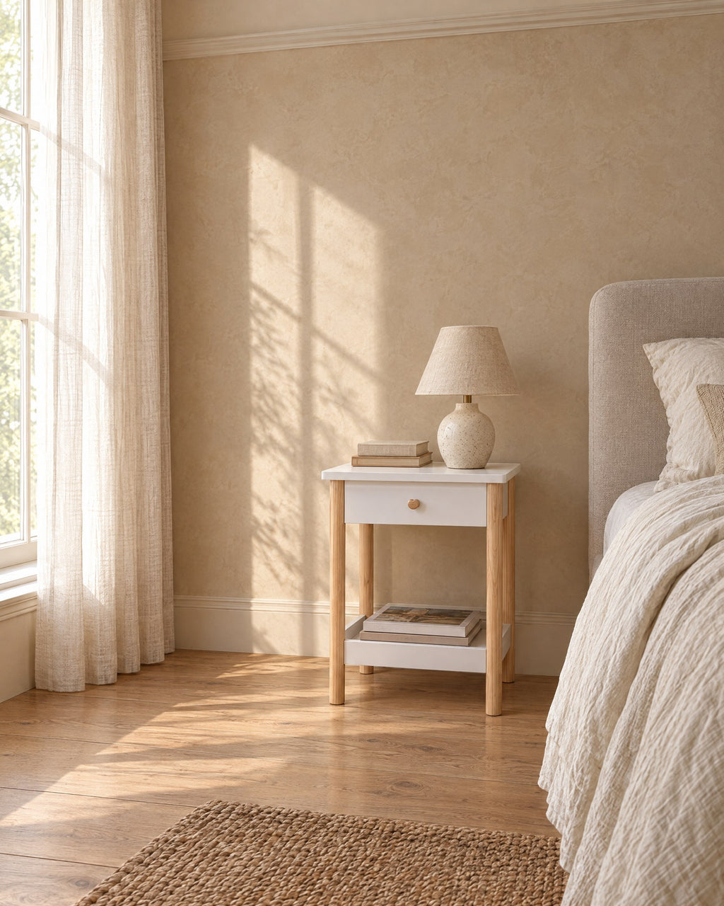 White bedside table with a drawer, a shelf and pine legs in a British bedroom with a sash window