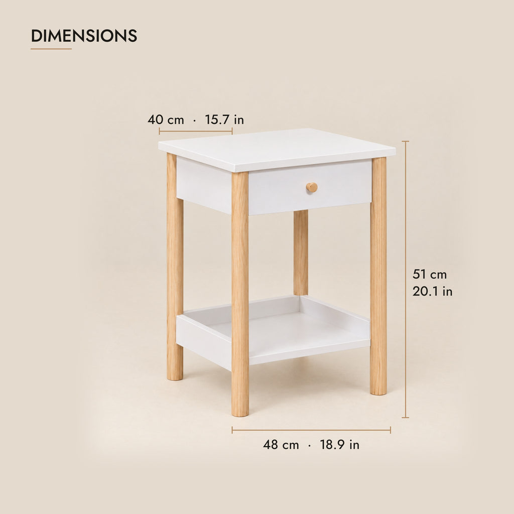 White bedside table dimensions: 48 cm wide, 40 cm deep, 51 cm high