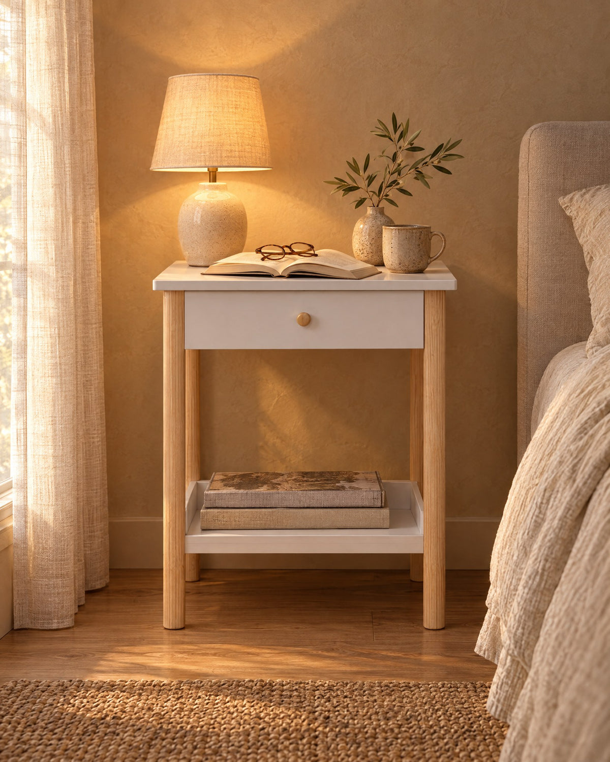 White bedside table with pine legs, a lamp switched on and an open book in the evening