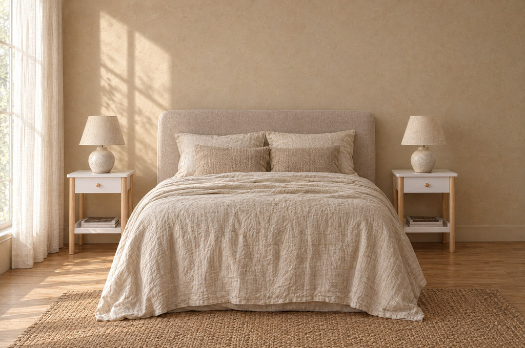 Pair of white bedside tables with pine legs on each side of a double bed