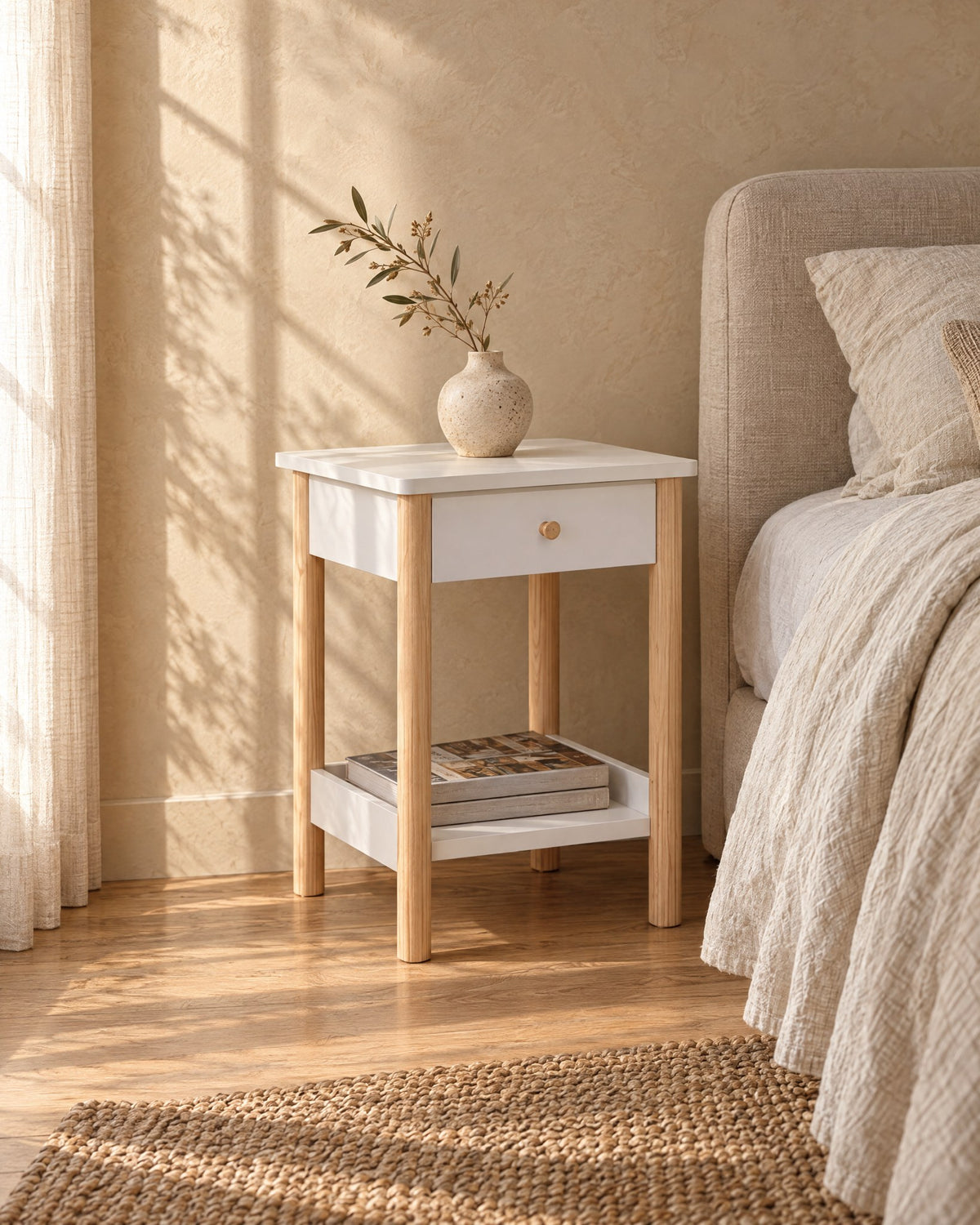 Three-quarter view of the white bedside table showing its pine legs and lower shelf