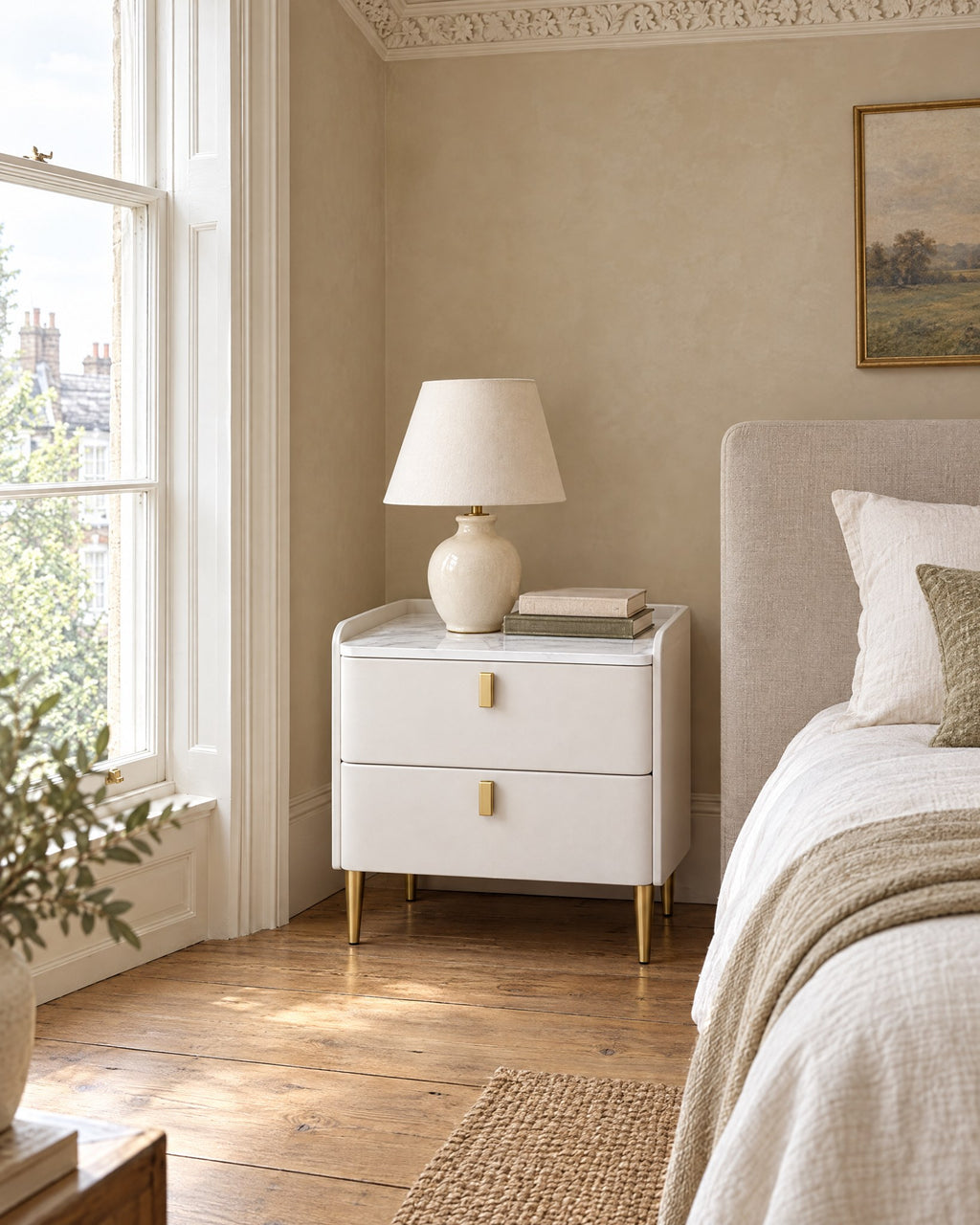 White bedside table with gold legs beside a linen bed in a British bedroom